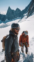 Mountain climbers navigating a snow-covered landscape with rugged peaks in the background during a clear day