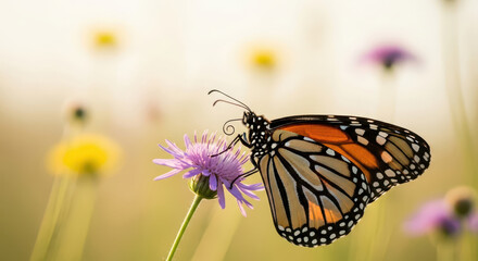 Obraz premium a monarch butterfly with orange and black wings rests on a purple flower in soft, golden sunlight with a bokeh background