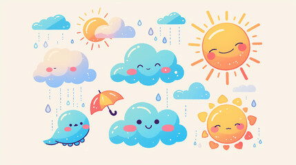 Vector-style icons of sun, clouds, and raindrops in pastel colors, seasonal theme