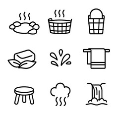 Outdoor Bathing Icons. Outline icon set of outdoor bathing: natural spring, wooden tub, bucket, soap leaves, water splash, towel