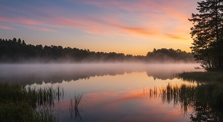 Obraz premium A tranquil lake at dawn, shrouded in a thin layer of mist, with the sky's soft, pink and orange hues reflected perfectly in the still water.