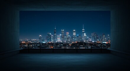 A breathtaking night view of a glowing city skyline, seen from a minimalist rooftop terrace, highlighting the vibrant energy of the metropolis.