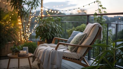 Fototapeta premium String lights twinkle. bokeh glows. a comfy chair on a summer