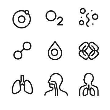 Oxygen Molecule Icons. Outline icon set of oxygen molecules and elements: oxygen atom, O2 molecule, chemical formula, air