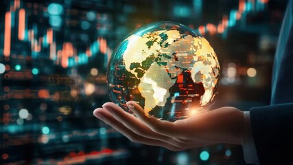 Digital globe hand business technology data finance futuristic network global innovation with data visualization, glowing cityscape, financial charts, global connection, communication hologram - Powered by Adobe