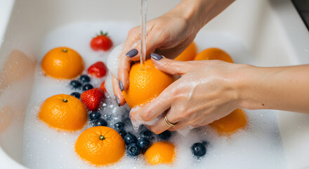 Closeup of hands washing oranges, blueberries, and strawberries in a sink with water, promoting healthy eating, hygiene, and a fresh, clean lifestyle