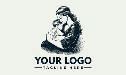 Vintage style logo featuring a loving mother holding a sleeping baby.