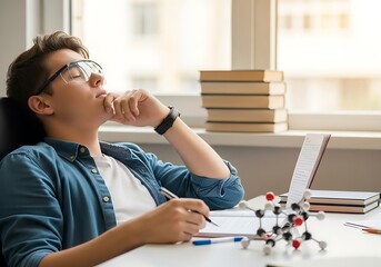 Young student in deep thought, studying chemistry with a molecular model and laptop by a window.