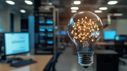 Light bulb glowing with network connections symbolizing innovation and technology in modern office environment featuring computer screens and seamless connection of ideas - Powered by Adobe