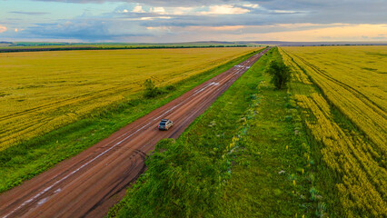 Naklejka premium a car on a country road in a wheat field at sunset 