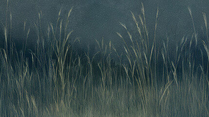 Watercolor banner with tall yellow rye ears in a night field against the starry sky with space for text or design. Pastel green washed out colors, minimalist Halloween style