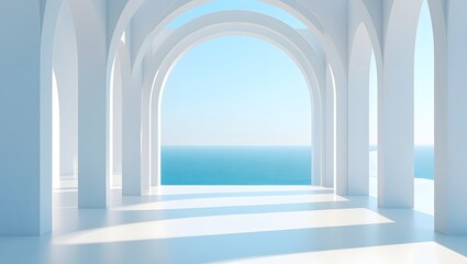 Abstract Archway Corridor Leading to Ocean View - Serene Minimalist Architecture