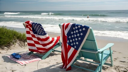 Relaxing Summer Beach Chairs with American Flag Towels by Ocean Waves for Independence Day Decor