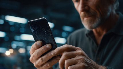 Elderly man carefully examines a cracked smartphone, highlighting repair and technology challenges.