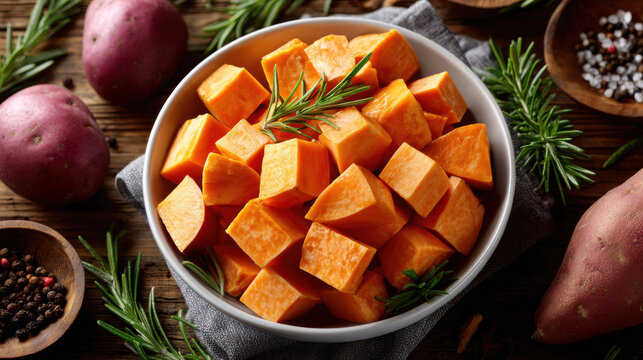 Diced orange sweet potatoes in a bowl with rosemary and red potatoes on a rustic wooden table. Ideal for cooking, health, and rustic lifestyle concepts.