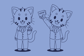 Illustration of two anthropomorphic cats in suits participating in a political election, one encouraging citizens to vote.