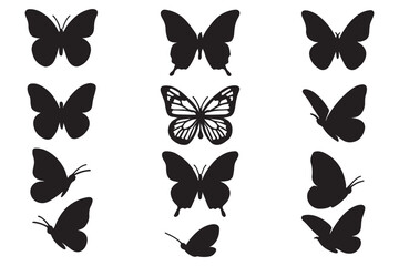 Set of silhouette black butterflies on white background. Vector