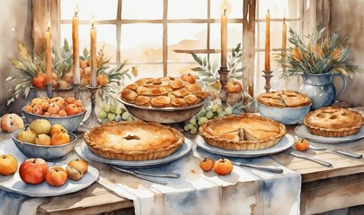 Naklejka premium Colorful dessert table with pies and fruits in cozy autumn setting 