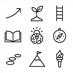 Fototapeta premium Personal Growth Icons. Outline icon set of personal growth awakening: upward arrow, sprouting seed, ladder, book, brain with light