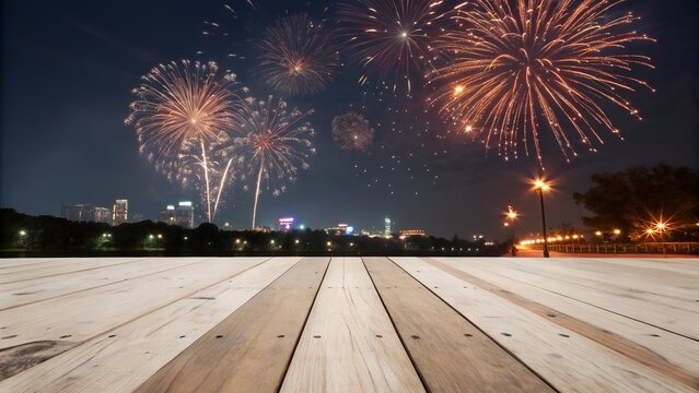 Wooden table or floor empty for product placement with new year firework in background comeliness