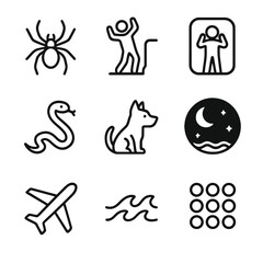 Phobia Icons Collection. Outline icon set of common phobias: arachnophobia (spider), acrophobia (height), claustrophobia (enclosed