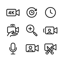 Fototapeta premium Phone Camera Features Icons. Outline icon set of phone camera video features: 4K recording, slow motion, time lapse, stabilization