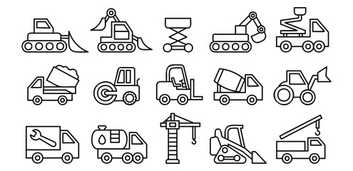 Construction Vehicle Icon Set in Black Line Style, Truck, Excavator, Crane, Tanker, Bulldozer, Symbol Vector Design Illustration on a White Background