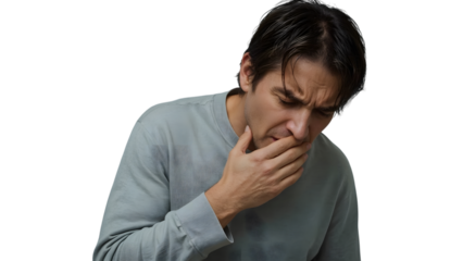 Man feeling unwell, hand covering mouth in discomfort, conveying sickness or nausea.