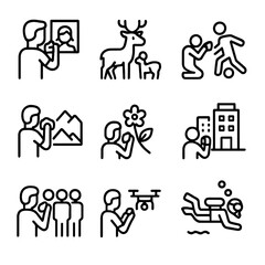 Fototapeta premium Photography Icons Grid. Outline icon set of camera usage scenarios: portrait photography, wildlife photography, sports photography
