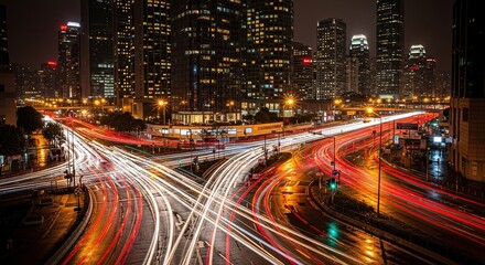 Obraz premium Night city highway intersection with trails of light from moving vehicles.