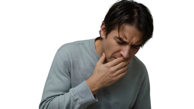 Man feeling unwell, hand covering mouth in discomfort, conveying sickness or nausea.