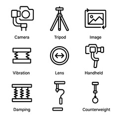 Photography Stabilization Icons. Outline icon set of stabilization in photography: camera gimbal, tripod, image stabilizer,