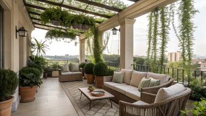 Stylish outdoor balcony lounge area with comfortable seating and greenery perfect for relaxation