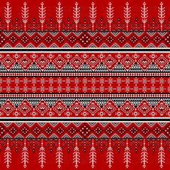 Traditional Red Geometric Tribal Pattern – Ethnic Textile Design with Diamonds and Arrows