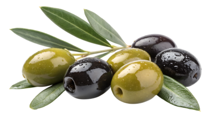 green and black olives , green and black olives with some leaves isolated on transparent background
