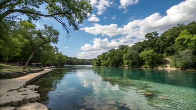 Barton Springs Austin Serene Landscape Nature's Oasis Crystal Clear Water Beautiful Sky