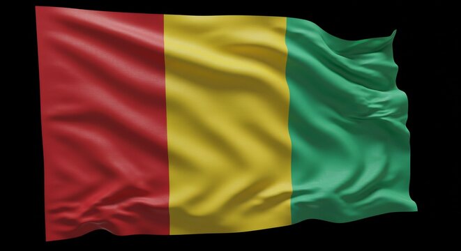 Waving Guinea Flag: Red, Yellow, Green Stripes on Black Background