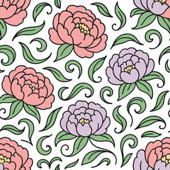 Seamless pattern Big peony flower and swirling leaves with white background