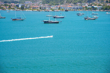 Blue Lagoon and Oludeniz beach aerial panoramic view. Oludeniz is a beach resort in the Fethiye district of Mugla Province, Turkey.