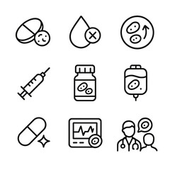 Fototapeta premium Platelet Medication Icons. Outline icon set of platelet medication and treatment: aspirin, anticoagulant, clot buster, injection,