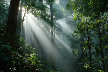 Fototapeta premium Sunlit Forest Canopy: Sunlight streams through a lush, dense forest canopy, creating a dramatic display of light and shadow, with verdant leaves and towering trees. 