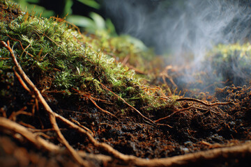 Fototapeta premium Nature's Breath: A captivating close-up unveils a vibrant ecosystem, where life bursts from rich earth, with tendrils of moisture weaving a delicate mist, encapsulating nature's profound connection.