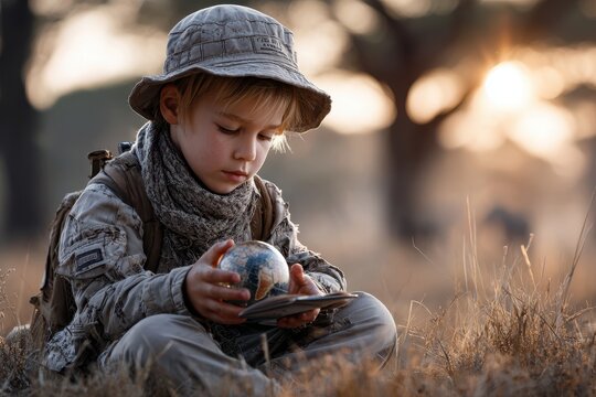 Child exploring a globe in a serene, natural setting during sunset - Powered by Adobe