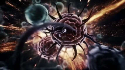 Artistic rendering of microscopic, cellular structures with spiky protrusions and swirling energy.