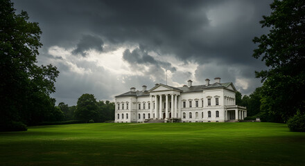 White house mansion estate architecture building lawn trees clouds stormy sky landscape view scenic beauty