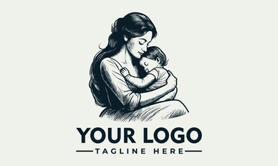 Vintage style logo featuring a loving mother holding a sleeping baby.