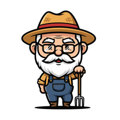 Obraz premium Cartoon Illustration of a Happy Elderly Farmer with Glasses and Pitchfork in Overalls