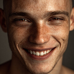 Naklejka premium Bright sunny day portrait of a smiling 20-year-old skinny Caucasian male model with smooth skin and freckles.