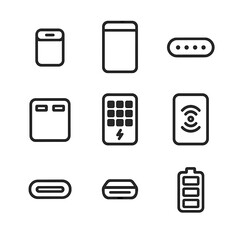 Power Bank Icon Set. Outline icon set of power banks: small power bank, large power bank, LED indicator, dual-output bank, solar