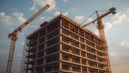 Two yellow tower cranes work on a concrete high-rise building at a construction site during sunset.